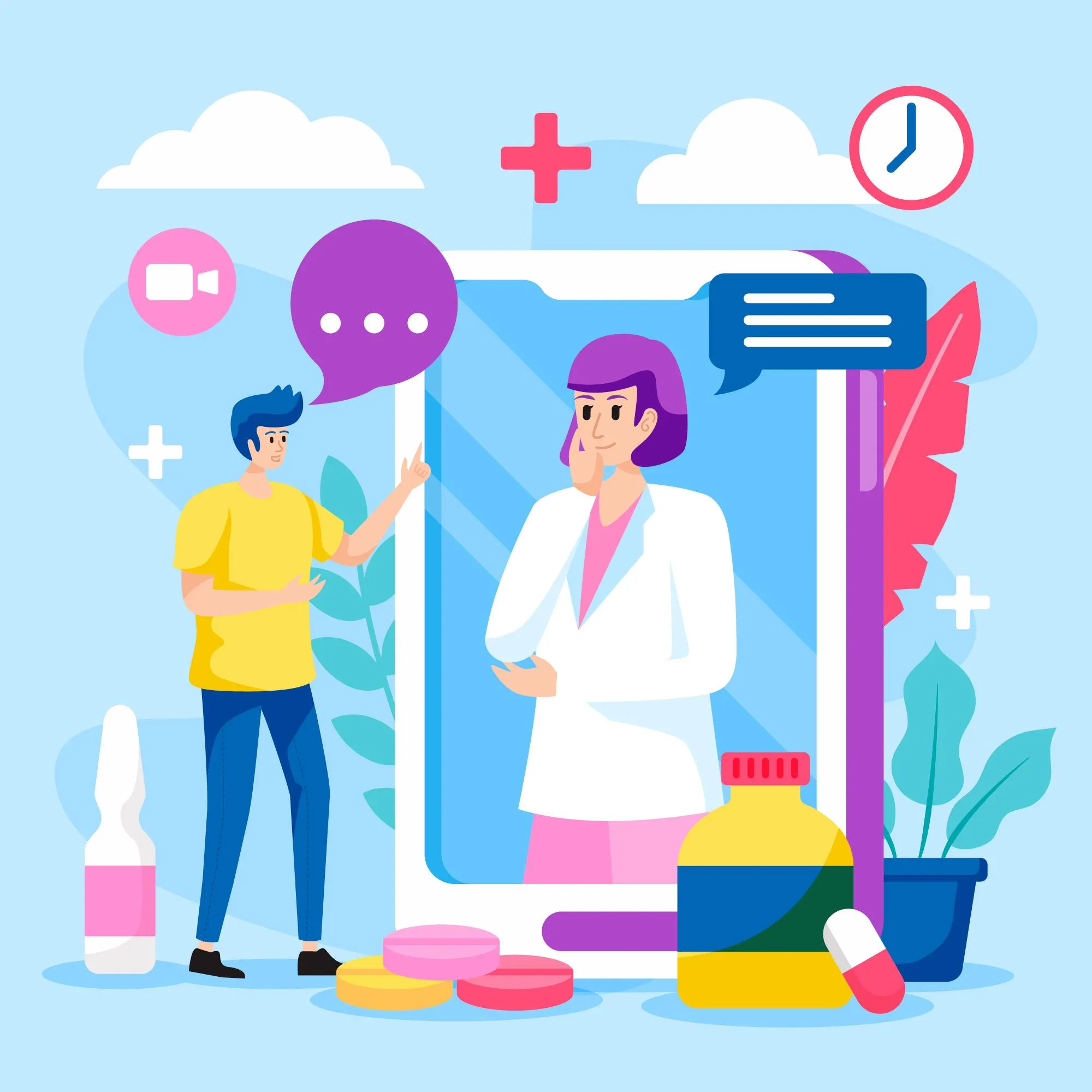 Illustration of a patient consulting a healthcare provider through a digital telehealth platform about prior authorization for medication, highlighting online prescription approval and communication.