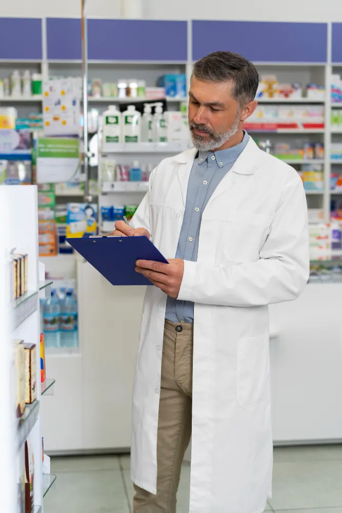 Pharmacist reviewing pharmacy records while using EPA Assistance for Pharmacies and ePA services.