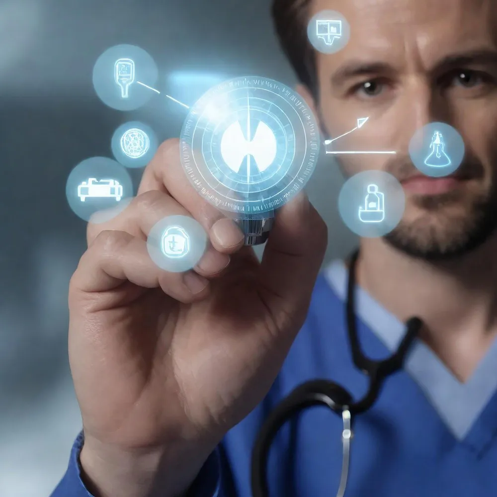 Healthcare professional interacting with a digital medical interface, representing prior authorization services that streamline electronic approvals and accelerate patient treatment decisions.