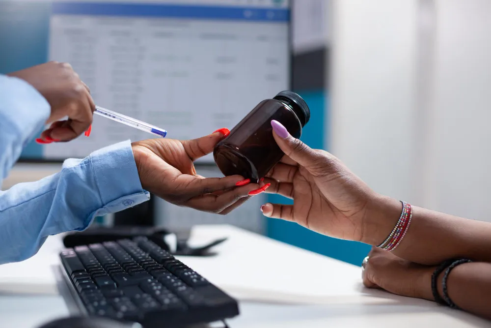 Illustration of prescription assistance program showing affordable medication access and financial support for patients
