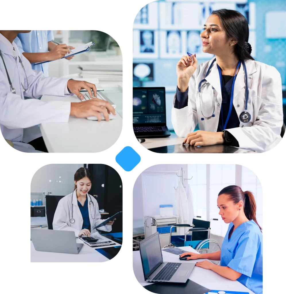 Collage of doctors working at laptops and on tablets, discussing medical notes in a clinical setting.