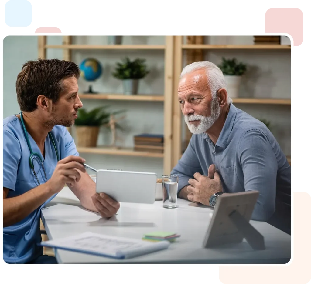 Patient illustration showing an individual interacting with healthcare services, representing patient engagement, digital health access, and improved care coordination through electronic prior authorization systems