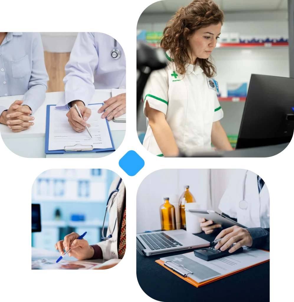 Collage of doctors working at laptops and on tablets, discussing medical notes in a clinical setting.