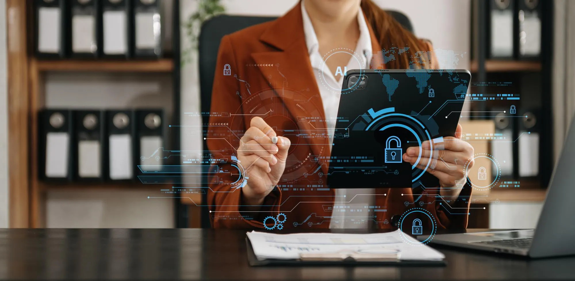 Healthcare professional using a tablet with secure digital interface, demonstrating Prescribers Medication Authorization Solutions for efficient electronic prior authorization and medication approval management.