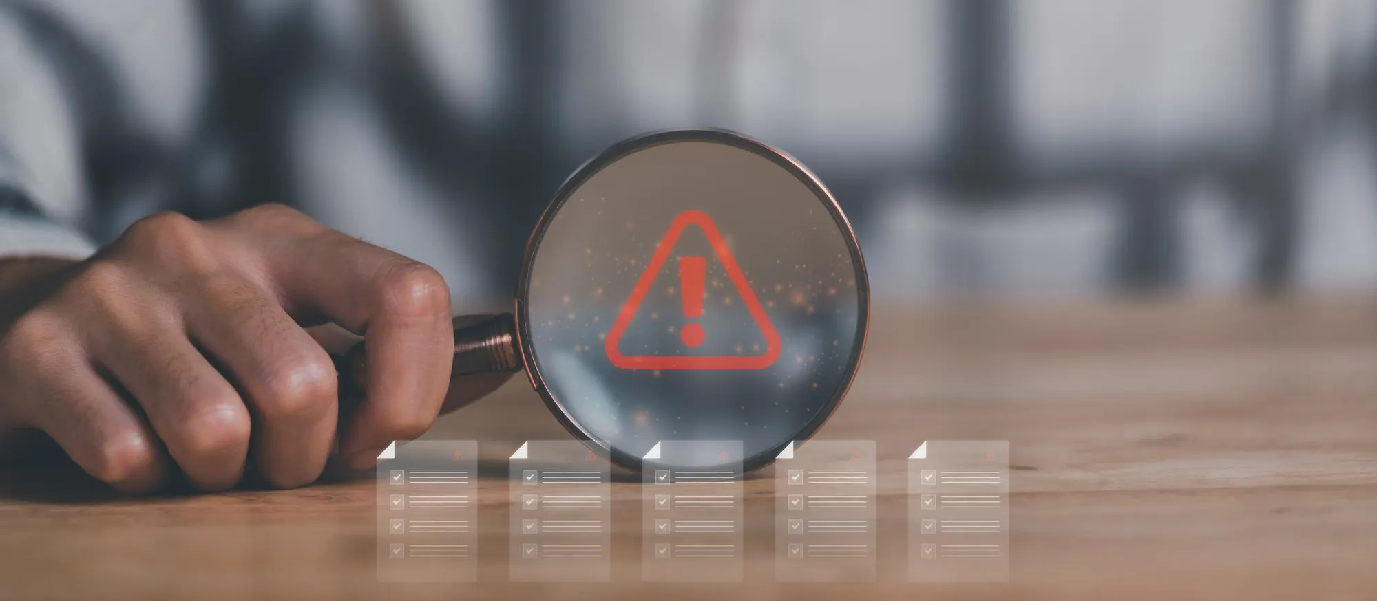 Magnifying glass highlighting an alert icon over documents, representing Prior Authorization Services used to identify and resolve prior authorization denials before prescription delays occur.