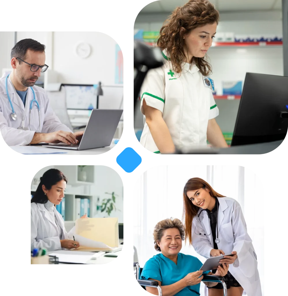 Collage of doctors working at laptops and on tablets, discussing medical notes in a clinical setting.