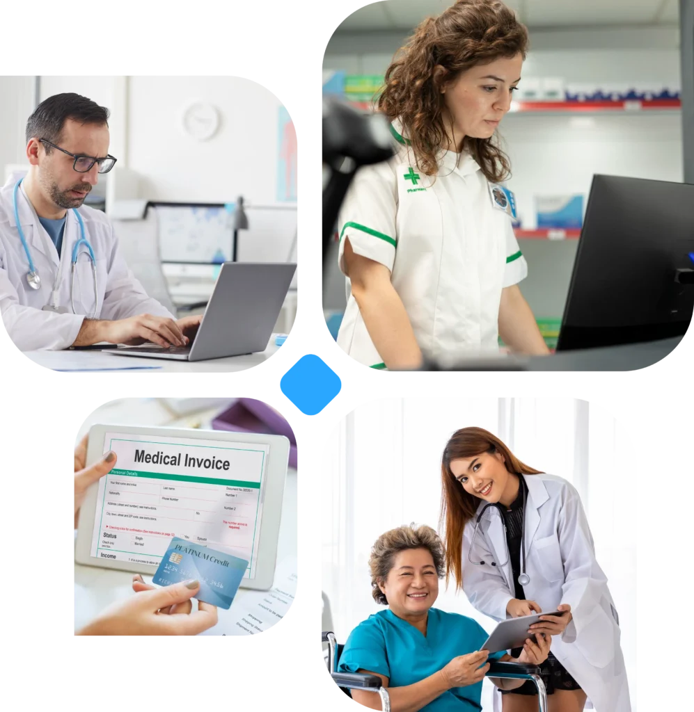 Collage of doctors working at laptops and on tablets, discussing medical notes in a clinical setting.