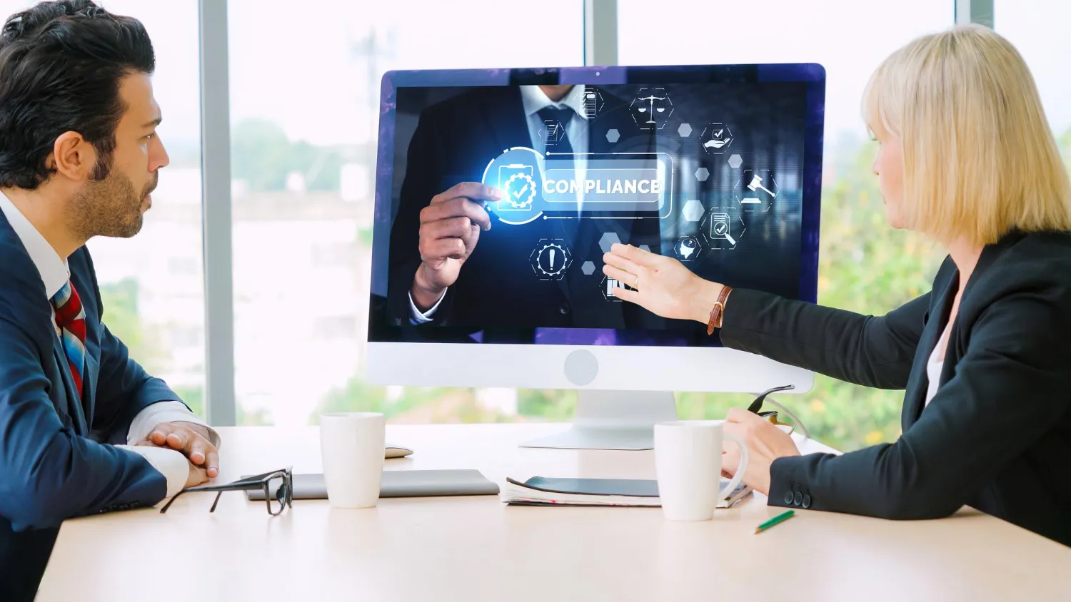 Healthcare administrators reviewing compliance and approval workflows on a digital dashboard, highlighting prior authorization services that improve efficiency and regulatory compliance.