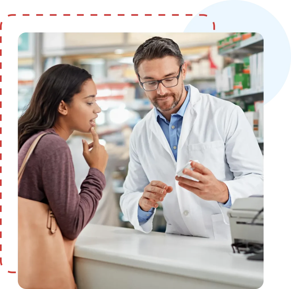 Pharmacy-themed illustration representing medication management, pharmacist support, prescription processing, and healthcare workflow optimization