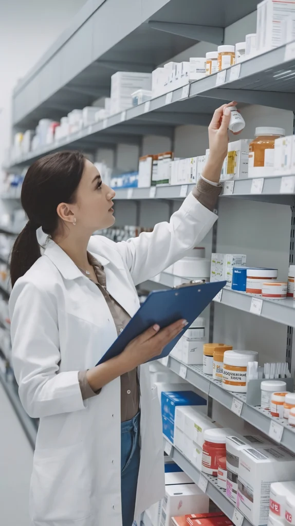 Detailed pharmacy illustration showing drug distribution, prescription handling, and integration with electronic healthcare systems for efficient medication management
