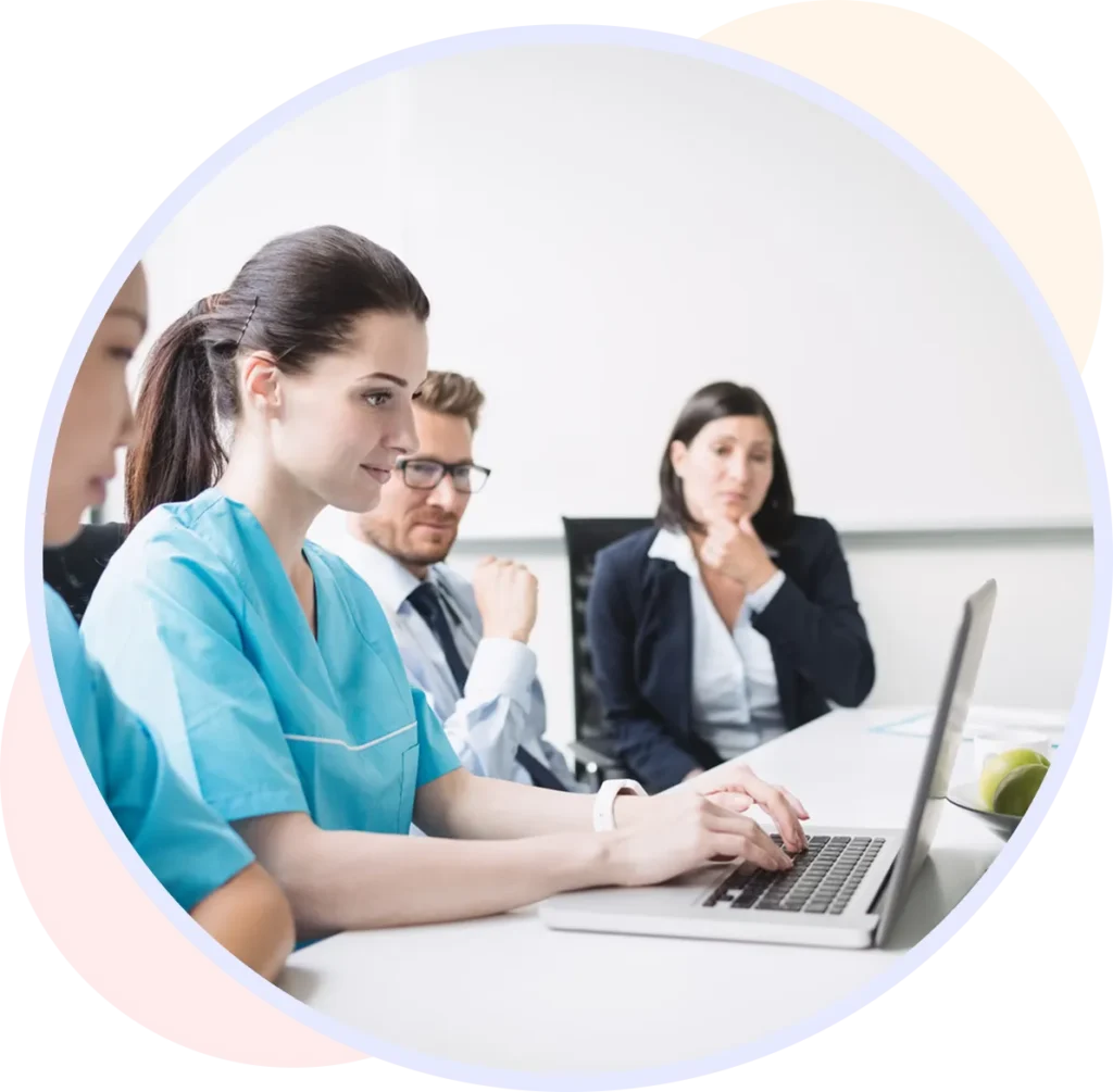 Detailed illustration of a healthcare provider using a digital platform to manage prescriptions and complete electronic prior authorization, demonstrating efficient patient care coordination and streamlined medication approval process