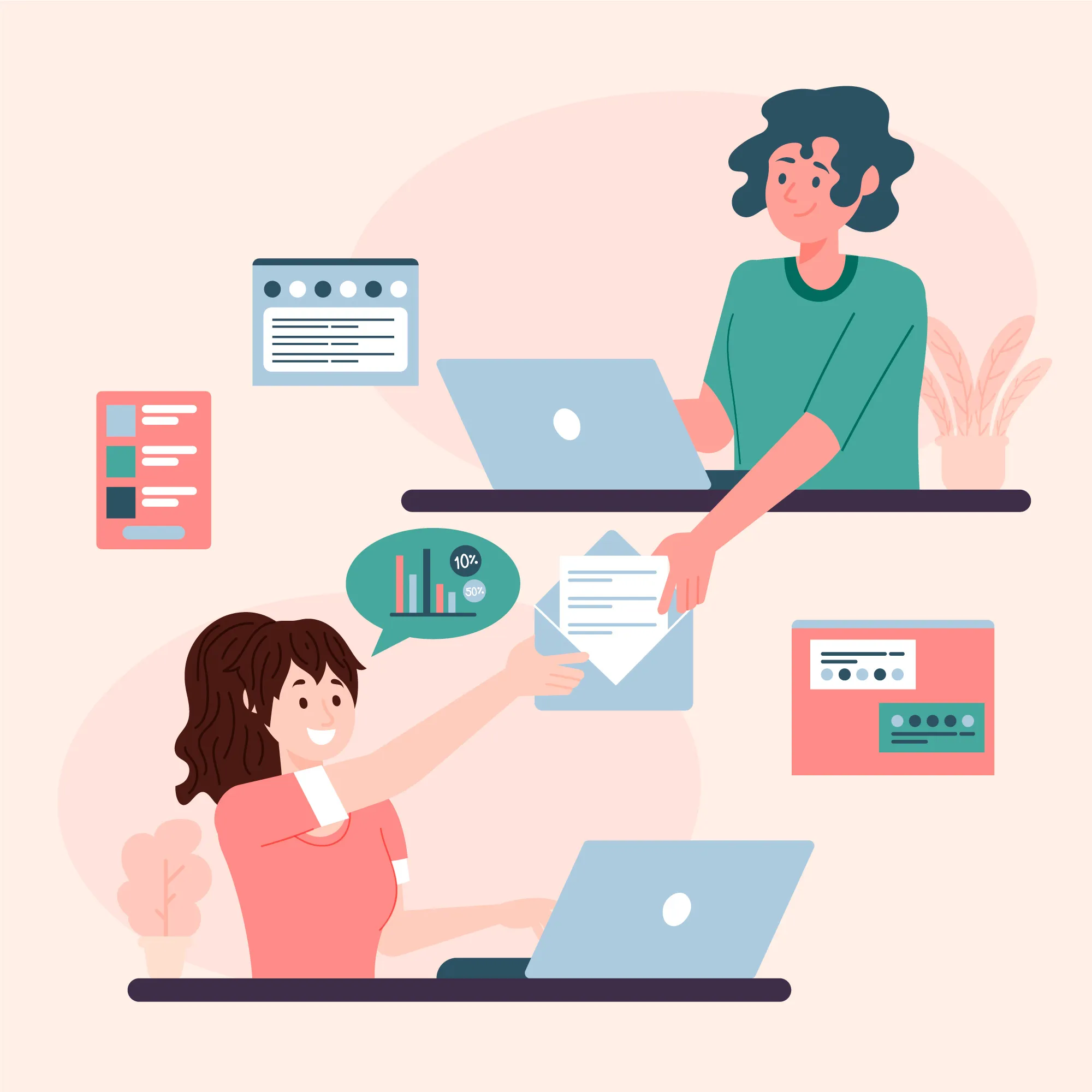 Illustration of healthcare professionals exchanging digital documents online, representing Prescribers Medication Authorization Solutions that streamline electronic prior authorization workflows.