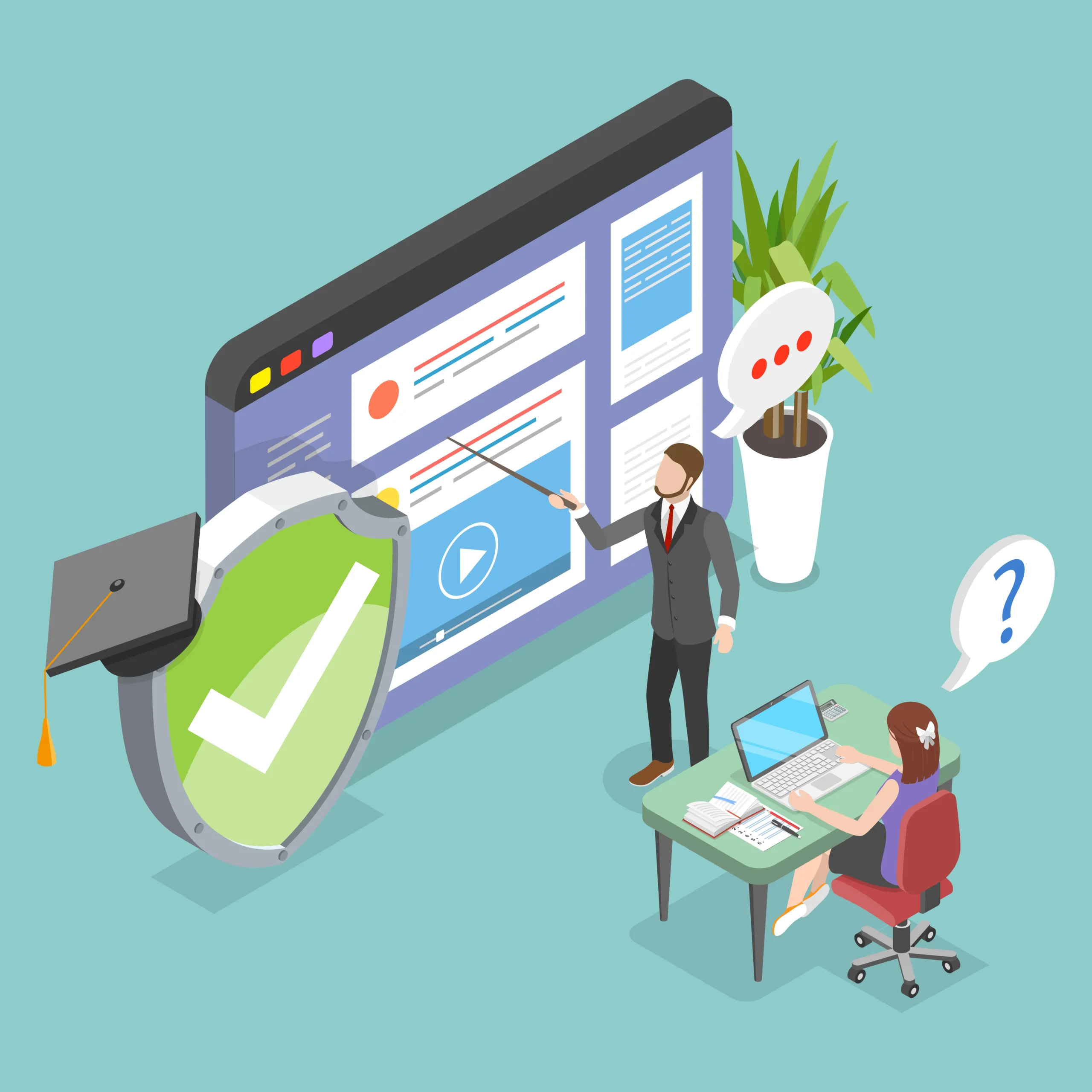 Isometric illustration of a large monitor showing charts and a presenter pointing at the screen beside a desk with plants nearby.