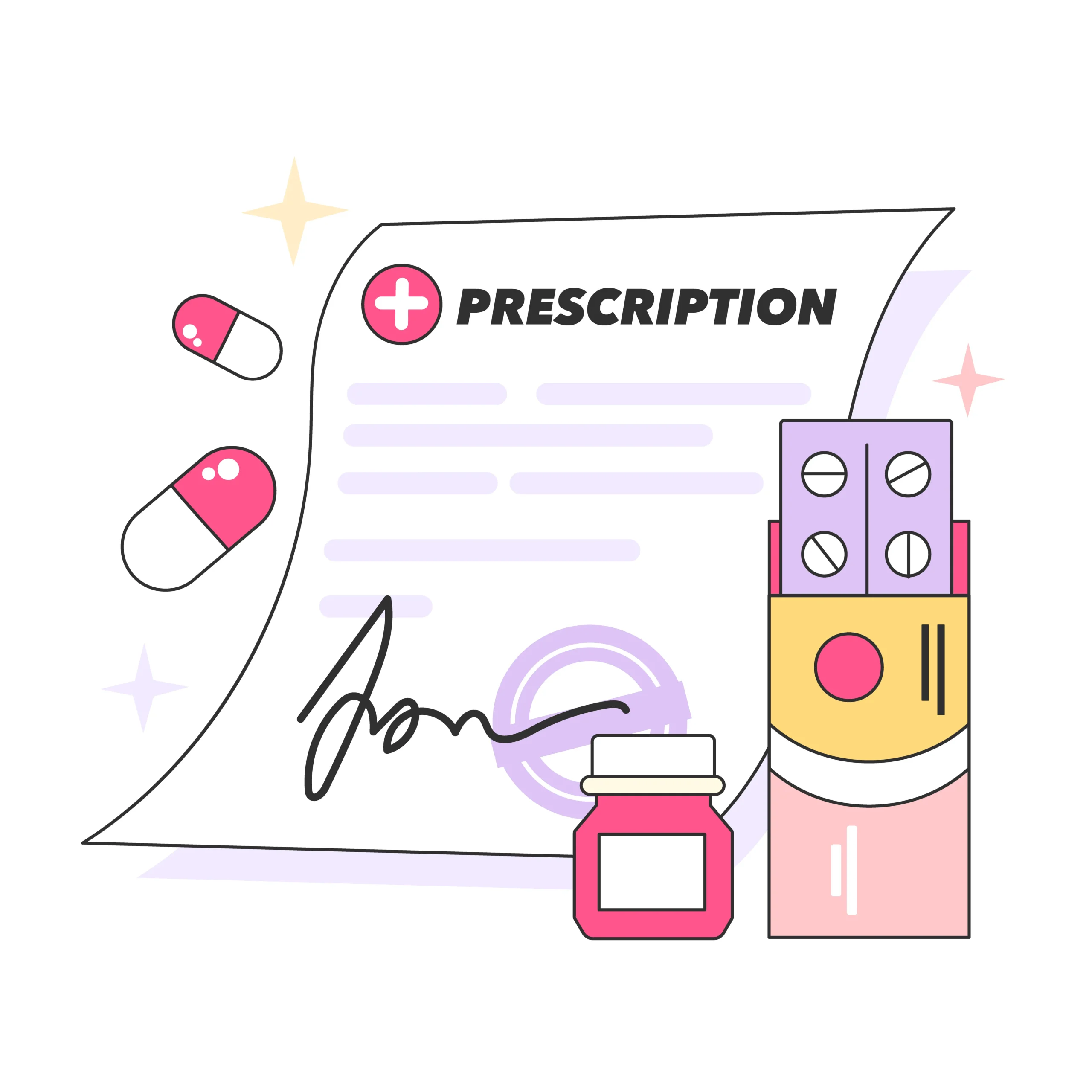 CIllustration of a prior authorization request with prescription and medication icons, representing an ePA platform that simplifies prior authorization for prescribers.