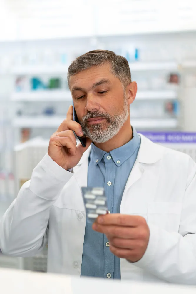 Pharmacist providing medication guidance as part of an electronic prior authorization solution.